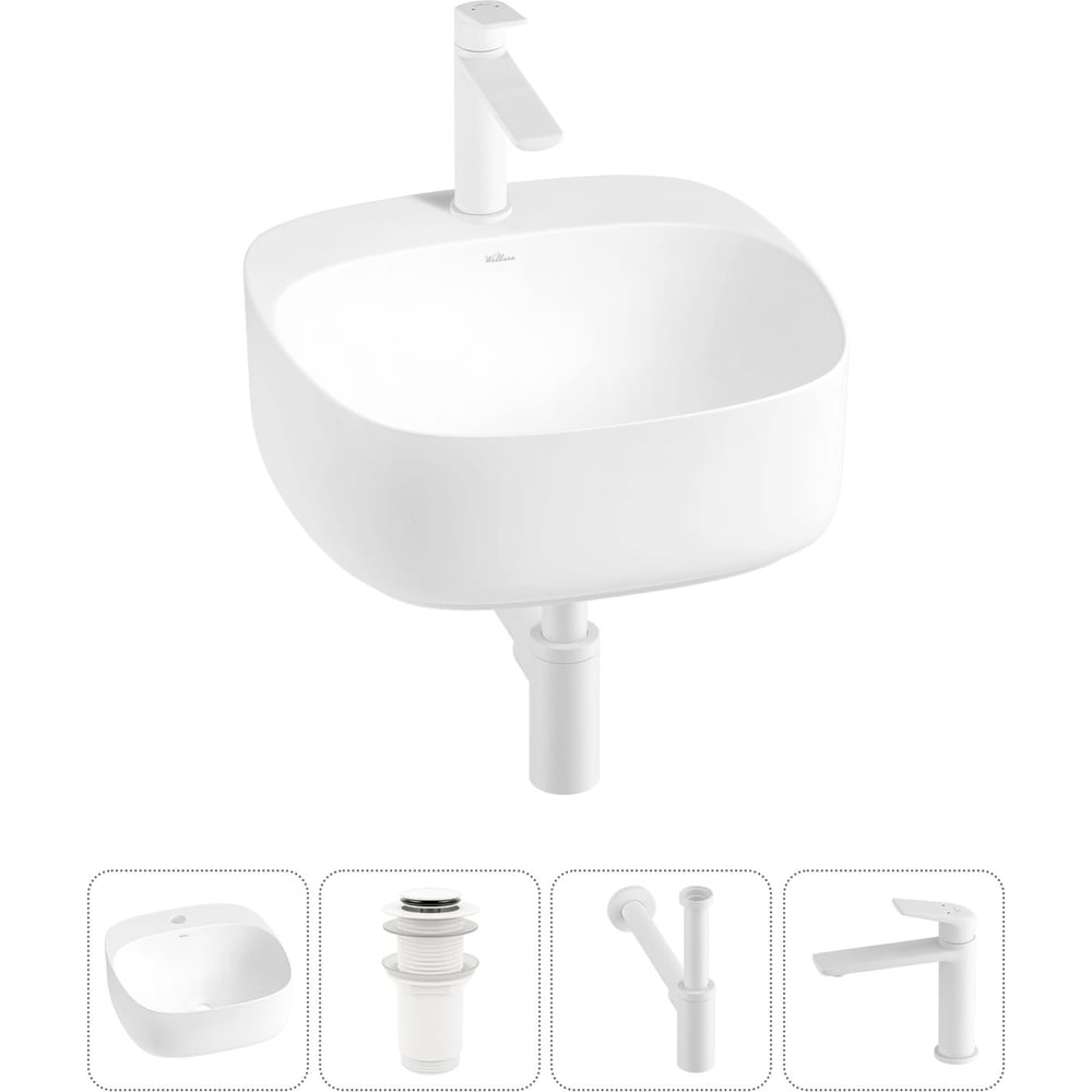 Изображение товара Набор раковина с смесителем Wellsee 4 в 1 Ideal квадратный белый фарфор