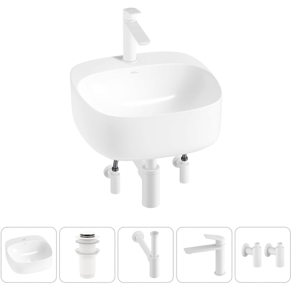Изображение товара Набор Wellsee 5 в 1 Ideal накладная раковина 42x42 см с смесителем и сифоном
