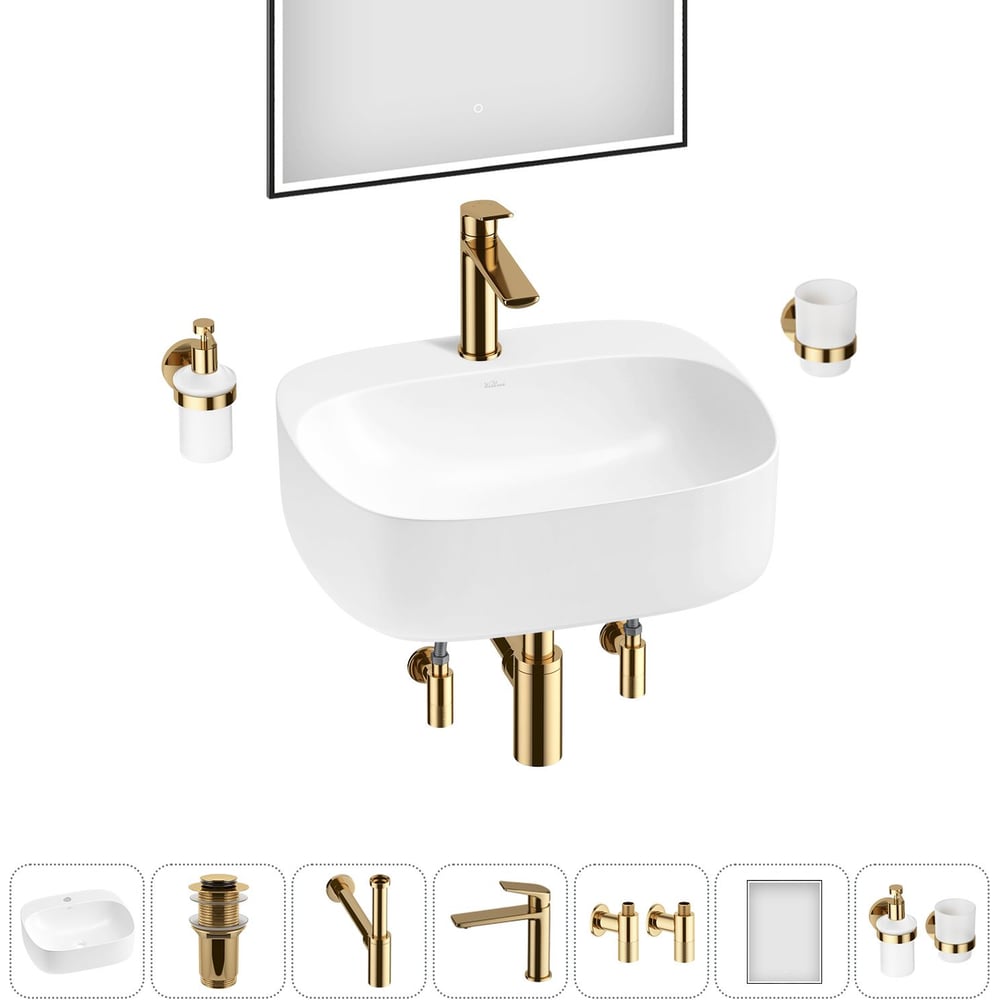 Изображение товара Набор Wellsee 7 в 1 Ideal накладная раковина 50x42 см с смесителем и аксессуарами