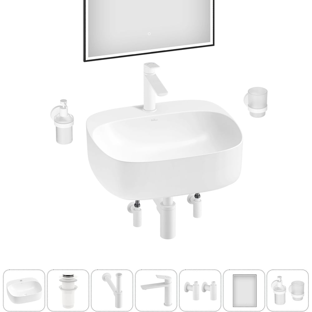 Изображение товара Набор раковина Wellsee 7 в 1 Ideal прямоугольная белая с аксессуарами