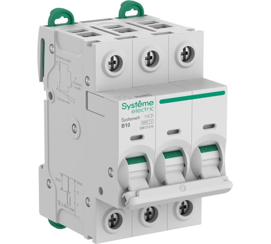 Изображение товара Автоматический выключатель (АВ) Systeme Electric Systeme9 хар-ка B, 10 A, 3 P, 6 kA, 400 В S9F21310