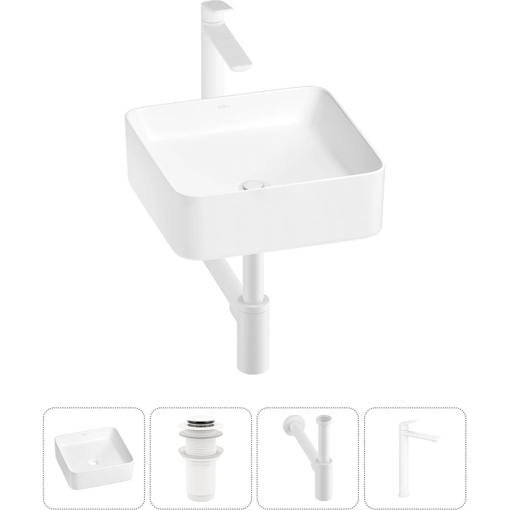 Изображение товара Набор накладной раковины Wellsee 4 в 1 Mint с смесителем и сифоном 37x37 см белый