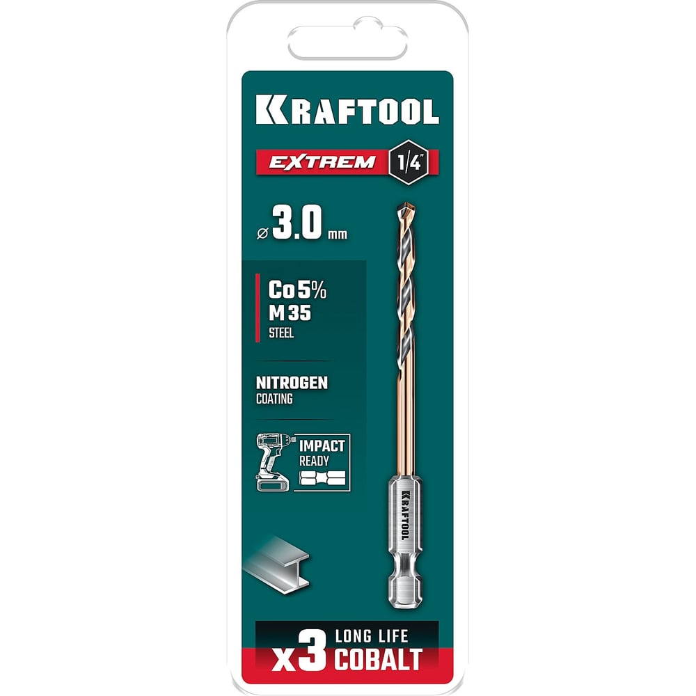 Изображение товара Сверло по металлу для винтовертов и шуруповертов KRAFTOOL Impact Ready НЕХ-1/4, 3,0x72 мм 29652-3