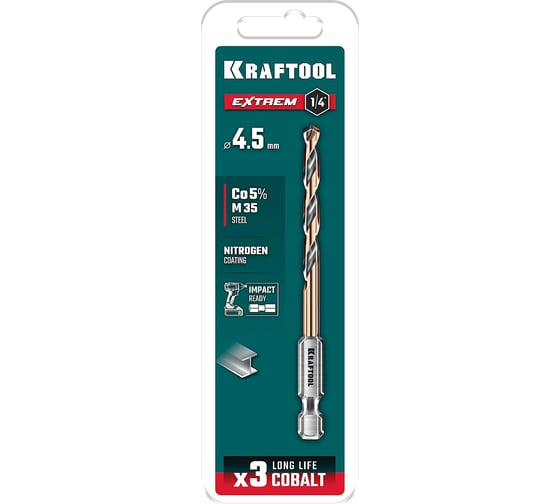 Изображение товара Сверло по металлу для винтовертов и шуруповертов KRAFTOOL Impact Ready НЕХ-1/4, 4.5x87 мм 29652-4.5