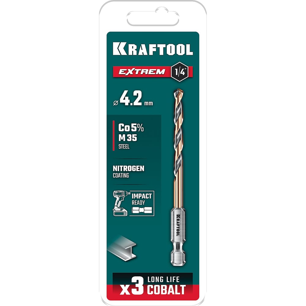Изображение товара Сверло по металлу для винтовертов и шуруповертов KRAFTOOL Impact Ready НЕХ-1/4, 4.2x83 мм 29652-4.2