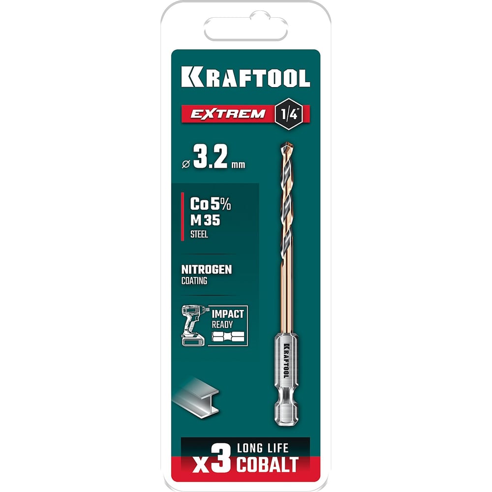 Изображение товара Сверло по металлу для винтовертов и шуруповертов KRAFTOOL Impact Ready НЕХ-1/4, 3.2x75 мм 29652-3.2