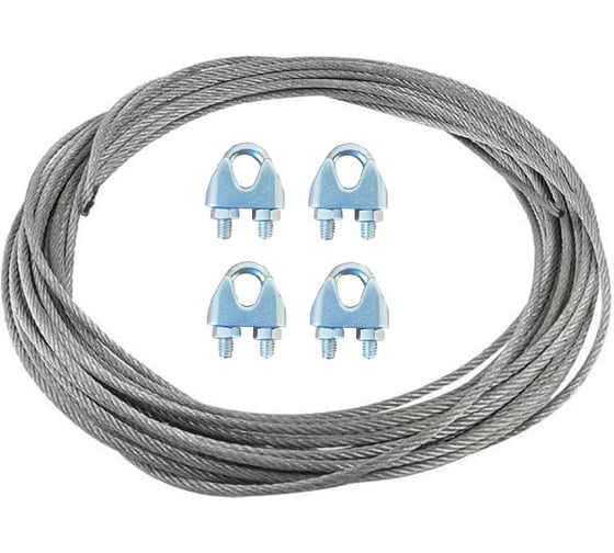 Изображение товара Трос стальной 23 Болта d6 с зажимами (4 шт.), цинк, без оплетки, 20 м B6H000600032000/B61100600031007-20м