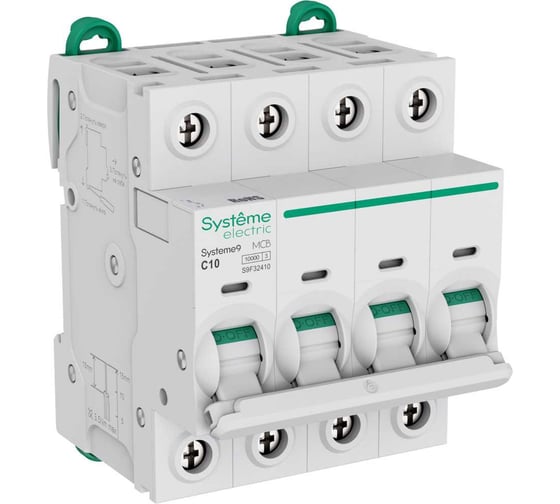 Изображение товара Автоматический выключатель (АВ) Systeme Electric Systeme9 хар-ка C, 10 A, 4 P, 10 kA, 400 В S9F32410