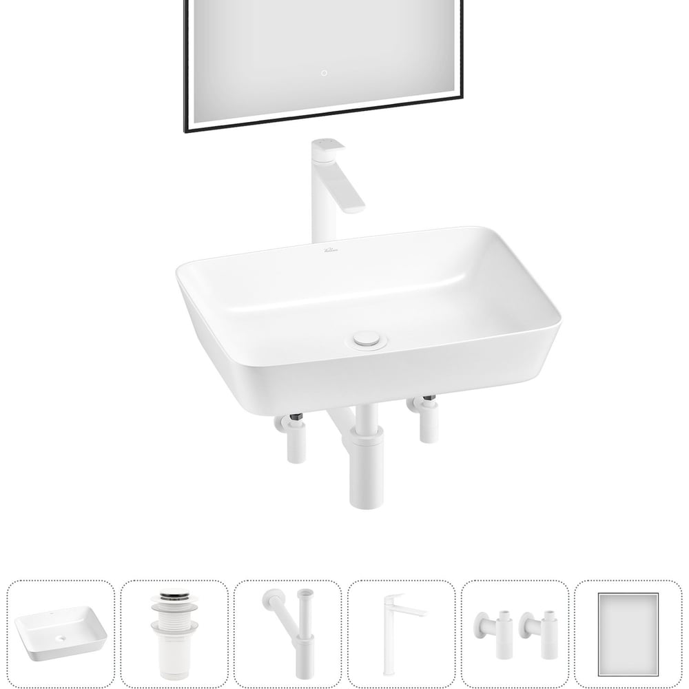 Изображение товара Набор Wellsee 6 в 1 Cromulent накладная раковина 56x40 см с зеркалом и смесителем