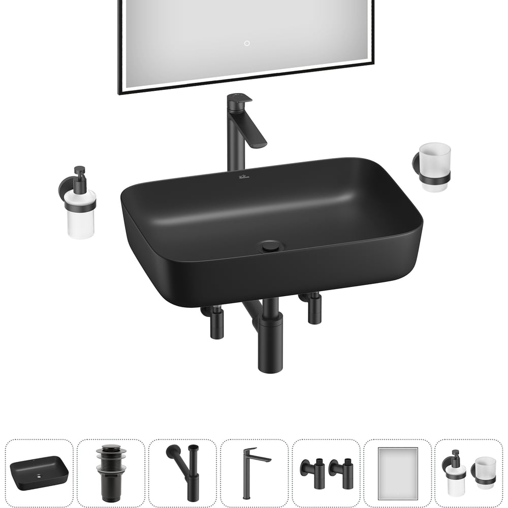 Изображение товара Акционный набор Wellsee 7 в 1 Preen накладная раковина 60x42 см в стиле современный черный фарфор