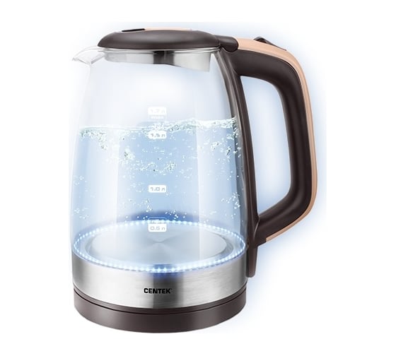 Изображение товара Чайник Centek стекло, 1.7л 2200Вт, LED-подсветка, мерная шкала, защита от вкл б/воды CT-0065 Beige