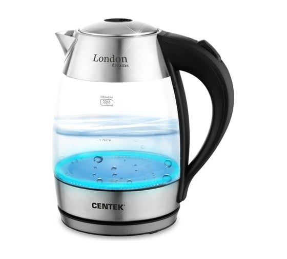 Изображение товара Чайник Centek London стекло, 1.8 л, 2200 Вт, LED-подсветка, отделка нержавеющая сталь  CT-0059