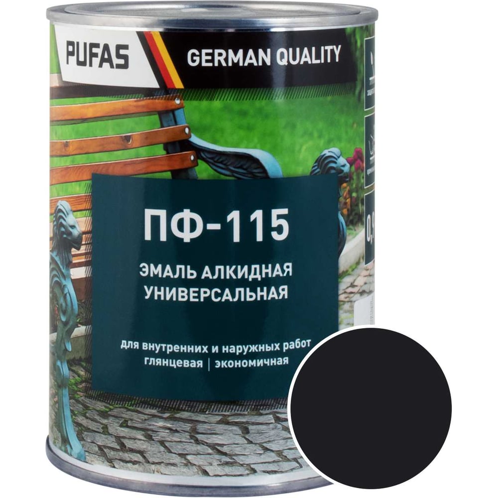 Изображение товара Эмаль PUFAS ПУФАС ПФ-115 черная 0.9 кг для внутренних и наружных работ Изображение товара Эмаль PUFAS ПУФАС ПФ-115 черная 0.9 кг для внутренних и наружных работ