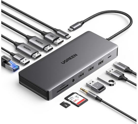 Изображение товара Адаптер UGREEN CM681 15978 Revodok Pro 13-in-1 4K60Hz 2хHDMI 1хDP with PD Adapter. Цвет: серый 15978_