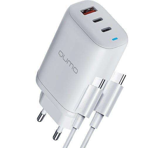 Изображение товара Сетевое зарядное устройство QUMO Energy PD 65Вт (модель 0118), USB-A QC3.0 + 2 USB Type-C PD,+ кабель 1м, Type-C, цвет белый 52744