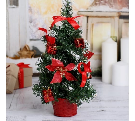 Изображение товара Декоративная ёлка Зимнее волшебство 30 см, красная пуансетия в снегу 819249