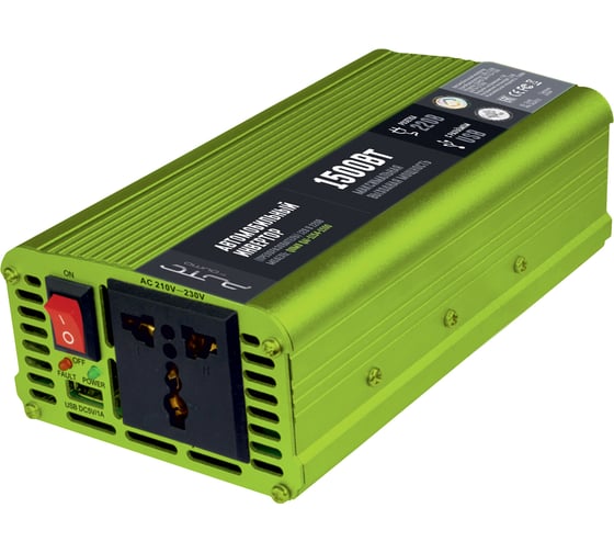 Изображение товара Автомобильный инвертор QUMO (преобразователь) постоянного тока 12В в переменный ток 220В, модель QAI-1154-1500 (AVCN-Q1500), максимальная выходная мощность 1500Вт, встроенный разъем USB 52643