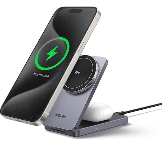 Изображение товара Беспроводное зарядное устройство 2-в-1 W706 45023 2-in-1 Wireless Charger Qi2 for Iphone 15W AirPods. Цвет: серый Ugreen 45023_
