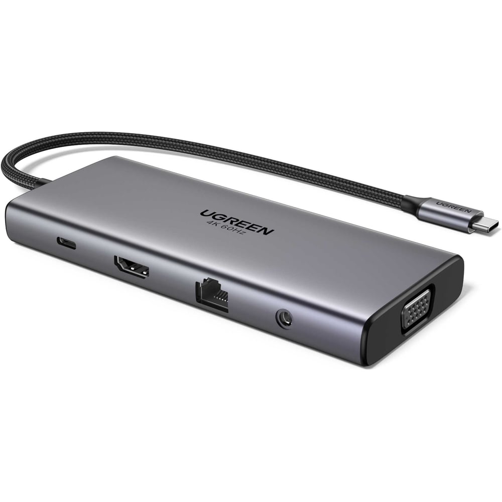 Изображение товара Конвертер UGREEN CM639 45520 11-in-1 4K60Hz 2xUSB-C 3.2+USB-A 3.2+USB-A 3.0+HDMI+VGA+RJ45 Gigabit+SD/TF+AUX3.5mm+PD Converter, серый 45520_