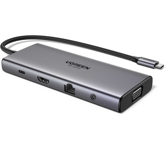 Изображение товара Конвертер UGREEN CM639 45520 11-in-1 4K60Hz 2xUSB-C 3.2+USB-A 3.2+USB-A 3.0+HDMI+VGA+RJ45 Gigabit+SD/TF+AUX3.5mm+PD Converter, серый 45520_