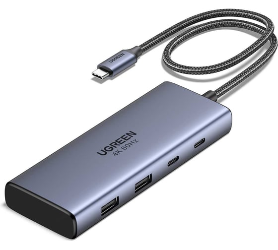 Изображение товара Конвертер UGREEN CM498 45379 4-in-1 4K60Hz USB-C to 2хUSB-A 3.2+2хUSB-C 3.2+2хHDMI+PD Port Converter, серый 45379_