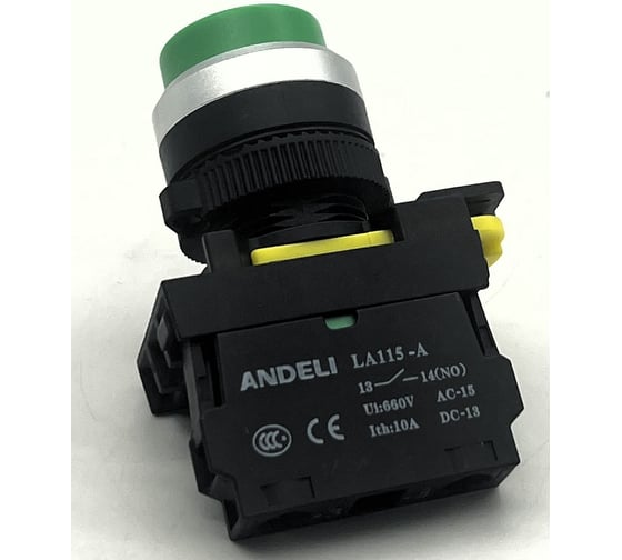 Изображение товара Кнопка ANDELI LA115-A5-10GN/3 возвратная удлиненная зеленый 1НО IP65 артикул ADL10-266