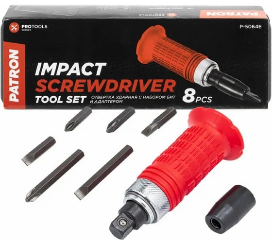Изображение товара Отвертка ударная с набором бит и адаптером Patron 8 предметов P-5064E(65453)