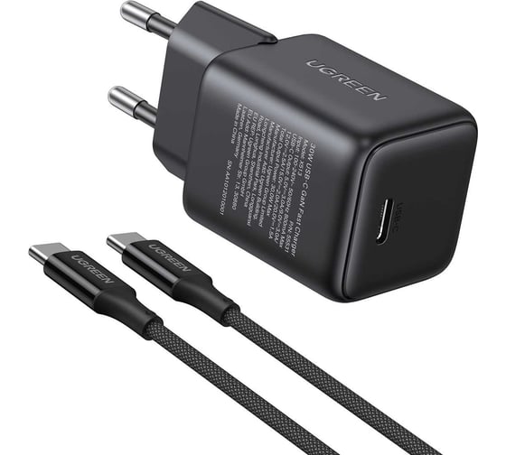 Изображение товара Сетевое зарядное устройство UGREEN X513 65012 30W USB-C GaN Fast Charger с кабелем USB-C-USB-C. Длина: 1м. Цвет: черный 65012_