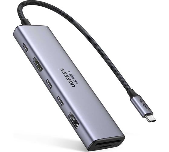 Изображение товара Конвертер UGREEN CM511 45521 7-in-1 4K60Hz USB-C To HDMI+2xUSB-C 3.2+1xUSB-A 3.2+SD/TF+PD Converter. Цвет: серый 45521_