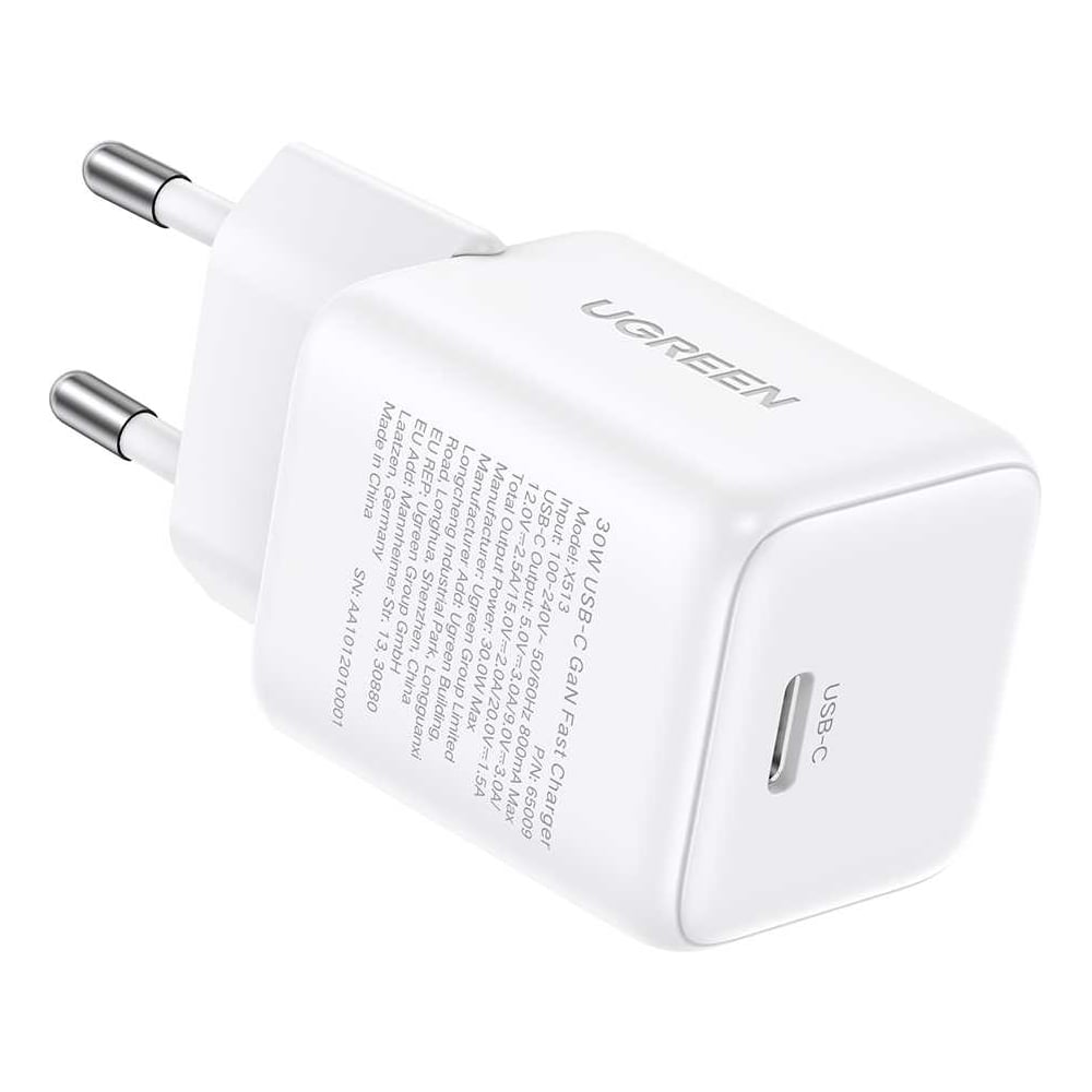Изображение товара Сетевое зарядное устройство UGREEN X513 65009 30W USB-C GaN Fast Charger EU. Цвет: белый 65009_ Изображение товара Сетевое зарядное устройство UGREEN X513 65009 30W USB-C GaN Fast Charger EU. Цвет: белый 65009_