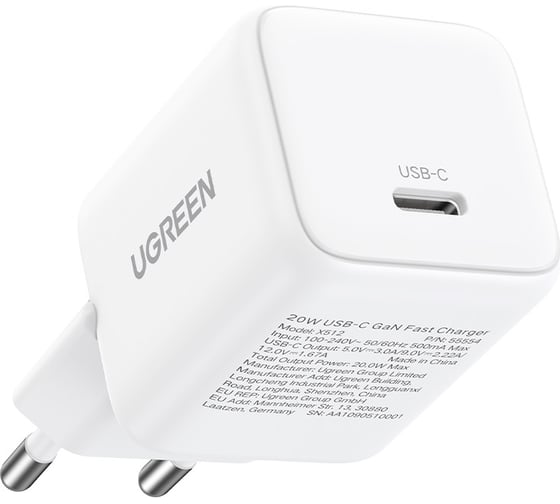 Изображение товара Сетевое зарядное устройство UGREEN X512 55554 Mini 20W USB-C GaN Fast Charger EU. Цвет: белый 55554_
