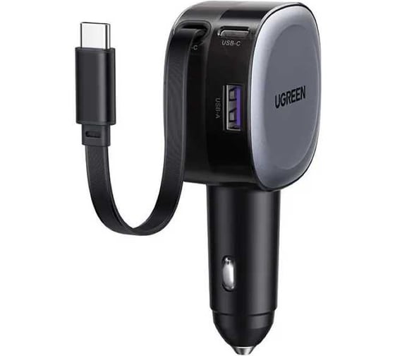 Изображение товара Автомобильное зарядное устройство UGREEN EC601 55653 75W 2USB-C PD+USB-A Fast Car Charge с выдвижным кабелем, серый 55653_