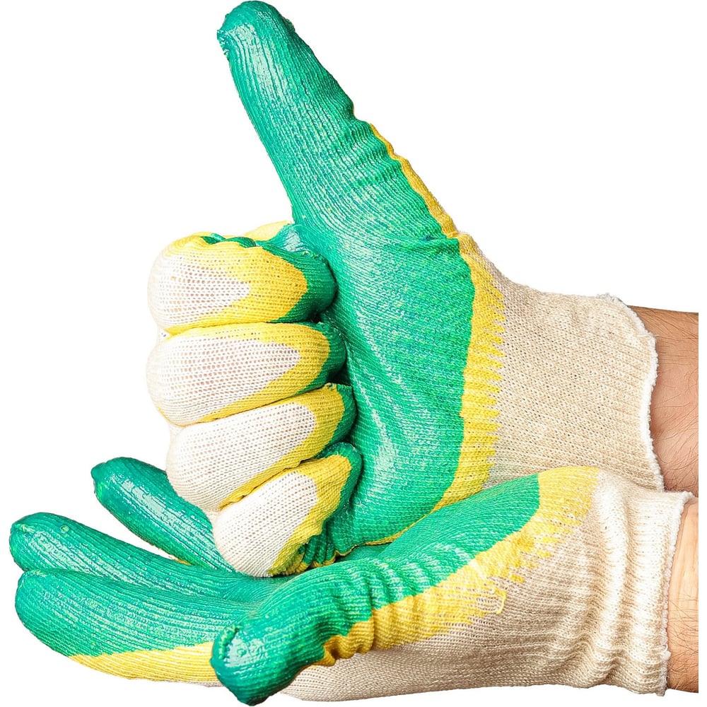 Изображение товара Хлопчатобумажные перчатки двойной облив латекс желто-зеленые 13 класс 30 пар