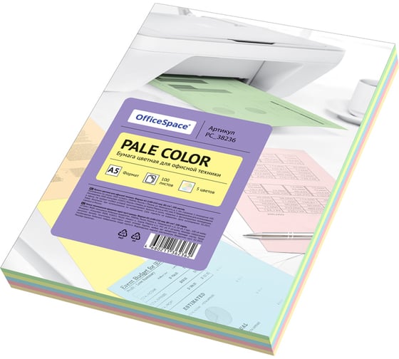 Изображение товара Цветная бумага OfficeSpace Pale Color A5, 80 г/м2, 100 листов, 5 цветов PC_38236