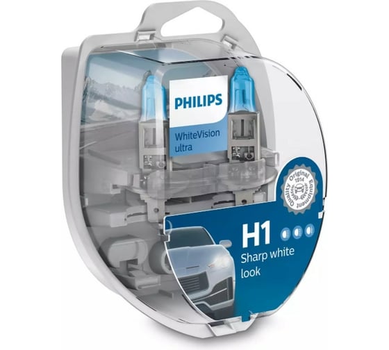Изображение товара Автолампа PHILIPS H1, 55 Вт, P14.5s, WhiteVision ultra 3700 K, 2+2 шт., W5W, 12 В 12258WVUSM