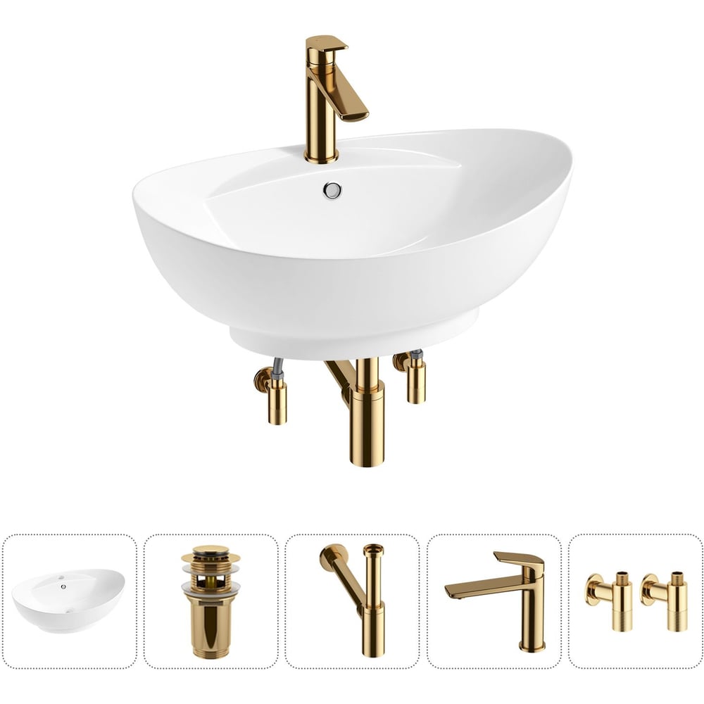 Изображение товара Комплект накладной раковины Lavinia Boho Wellsee 5 в 1 59x39 см с смесителем и сифоном