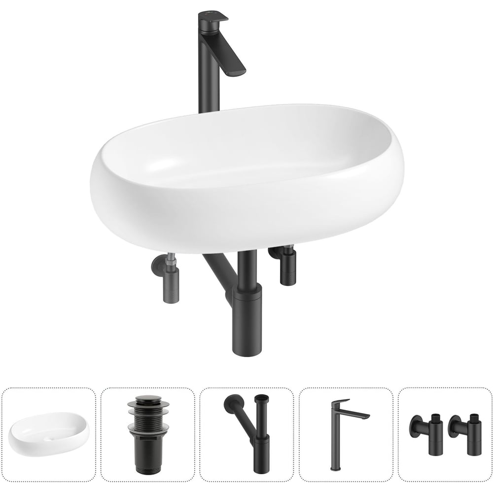 Изображение товара Комплект Wellsee 5 в 1 Lavinia Boho накладная раковина с смесителем и сифоном 56x33 см