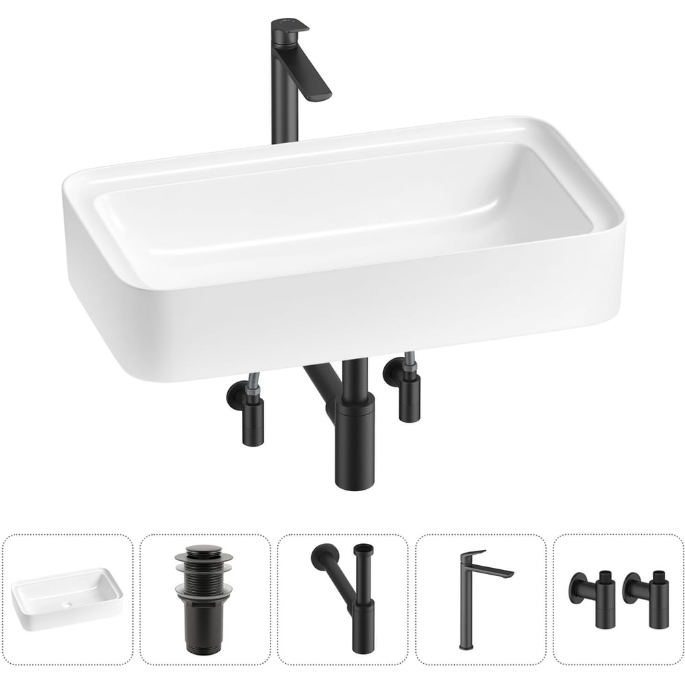 Изображение товара Комплект Wellsee 5 в 1 Lavinia Boho накладная раковина 75x40 см с смесителем и аксессуарами