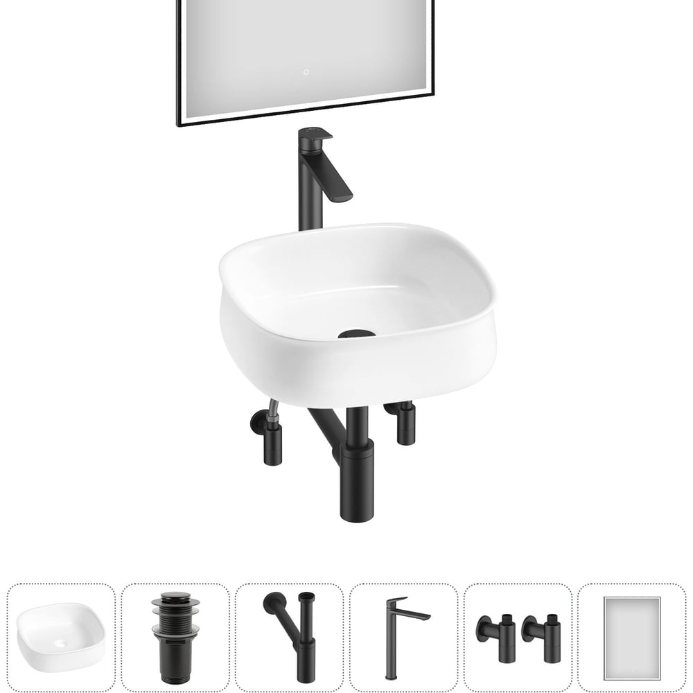 Изображение товара Комплект Wellsee 6 в 1 Lavinia Boho накладная раковина 42x42 см белый с зеркалом