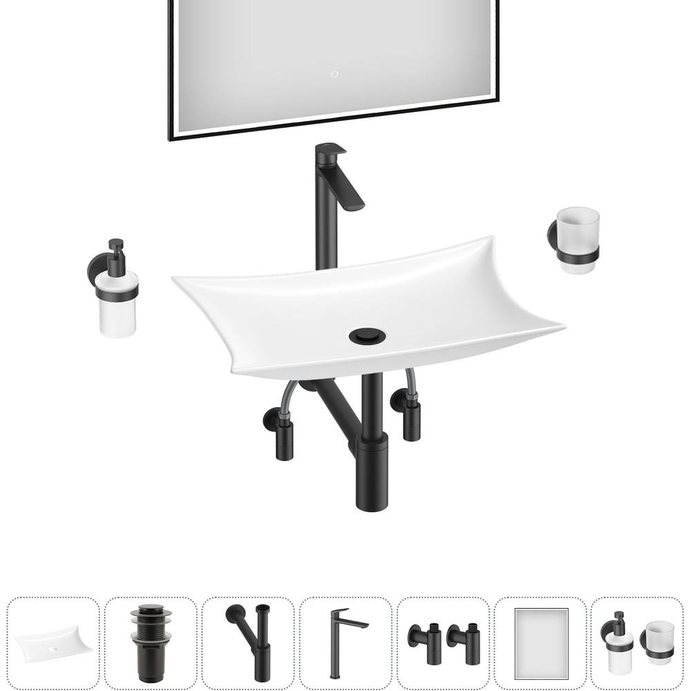 Изображение товара Комплект Wellsee 7 в 1 Lavinia Boho накладная раковина 59x39 см с аксессуарами