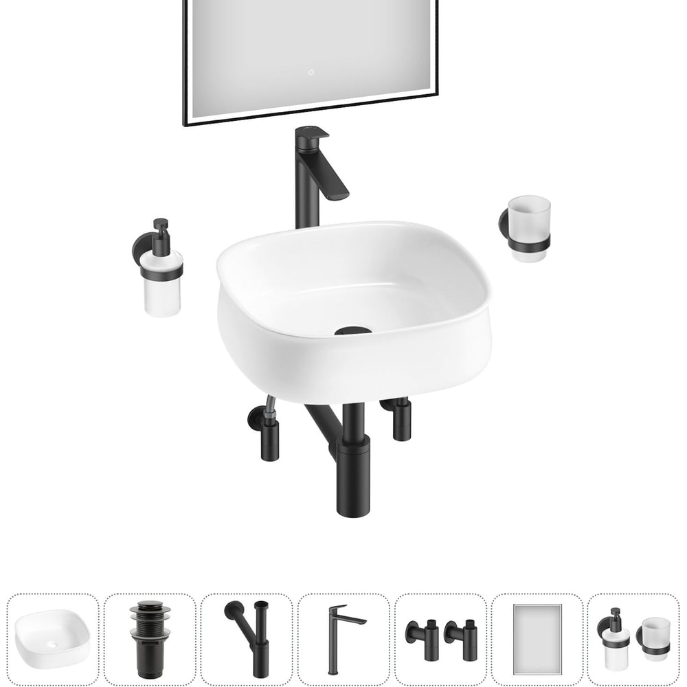 Изображение товара Комплект накладной раковины Wellsee 7 в 1 Lavinia Boho 42x42 см с зеркалом и смесителем