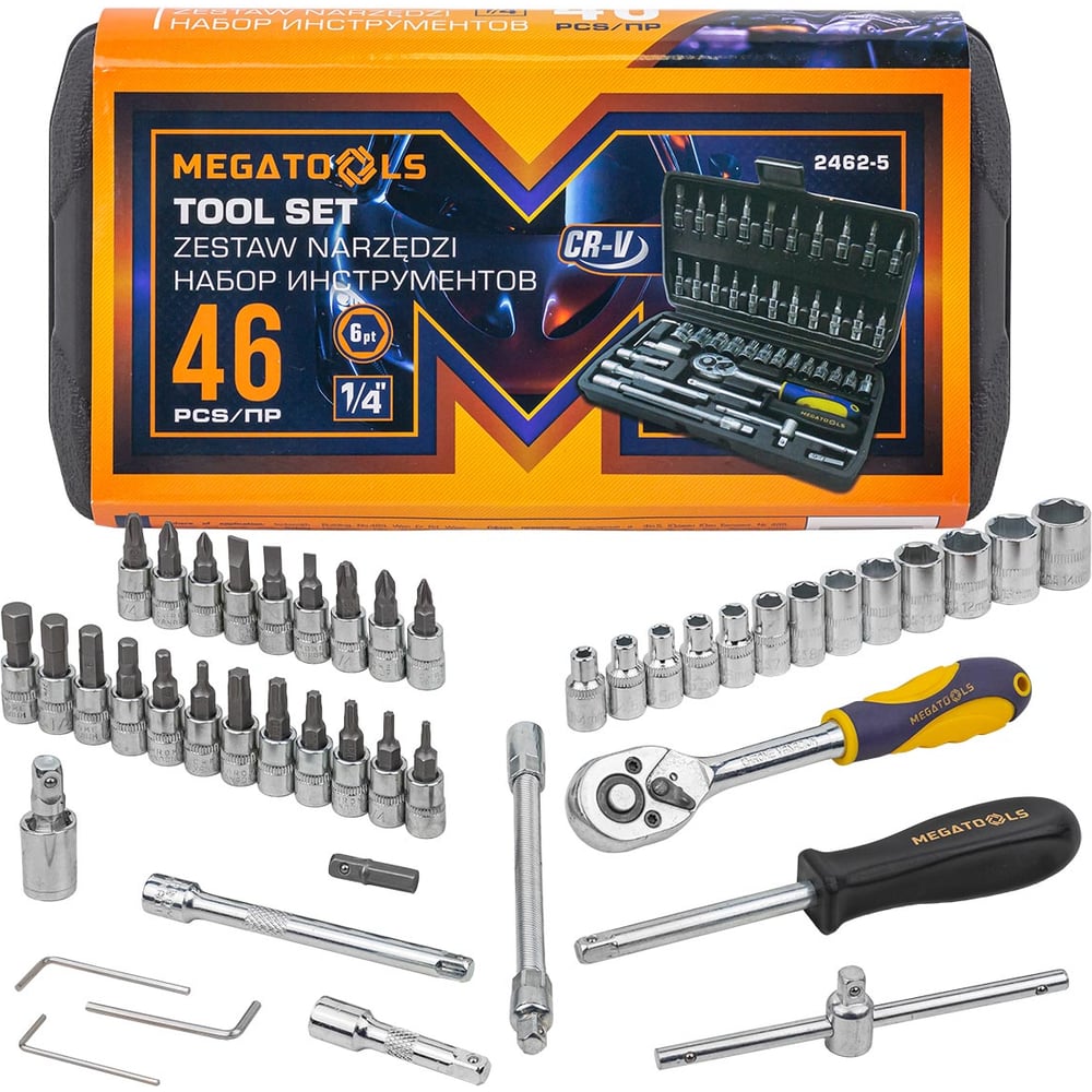 Изображение товара Набор инструмента MEGATOOLS 46 предметов, 1/4, 6-гранные, 4-14мм, кейс