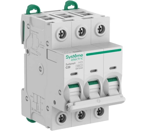 Изображение товара Автоматический выключатель (АВ) Systeme Electric Systeme9 хар-ка C, 20 A, 3 P, 10 kA, 400 В S9F32320