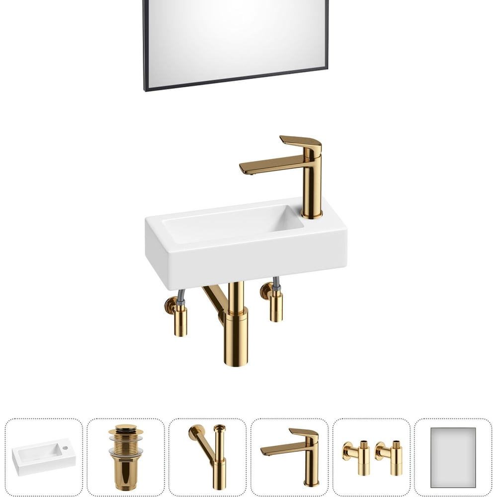 Изображение товара Wellsee 6 в 1 комплект накладная раковина с зеркалом и смесителем 37x18 см