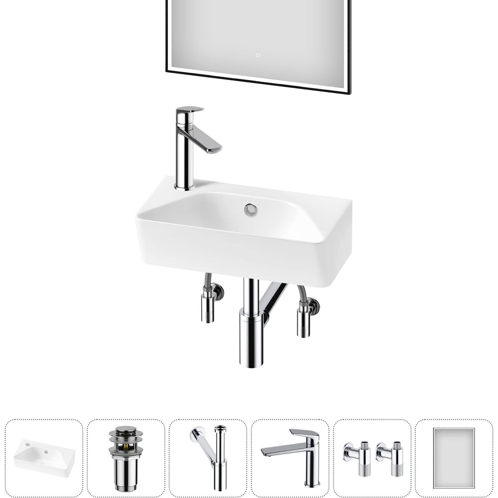 Изображение товара Комплект Wellsee 6 в 1 Lavinia Boho накладная раковина 40x22 см с зеркалом и смесителем