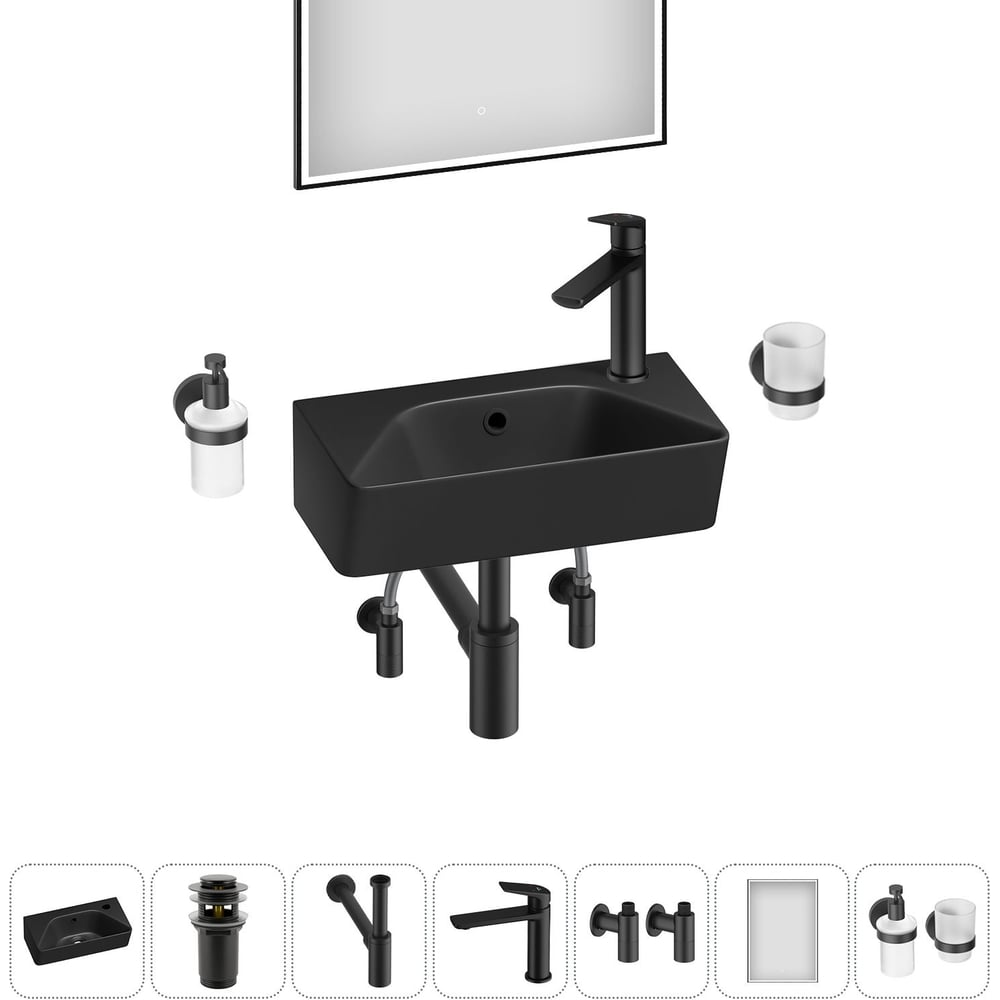 Изображение товара Комплект Wellsee 7 в 1 Lavinia Boho накладная или подвесная раковина 40x22 см с комплектом аксессуа