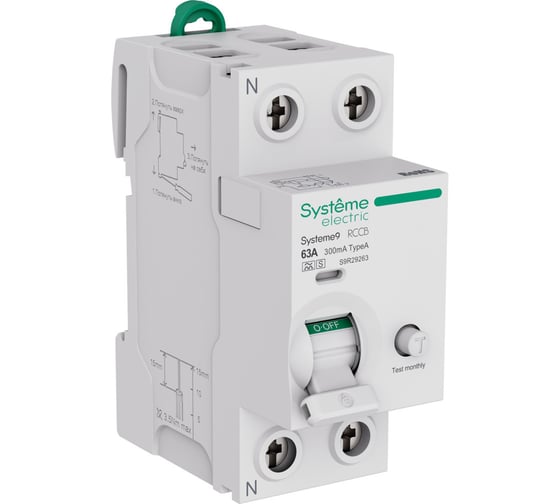 Изображение товара Выключатель дифференциального тока (ВДТ) Systeme Electric Systeme9 63 A, 2 P, 300 мА, Тип-A-S, 230 В S9R29263