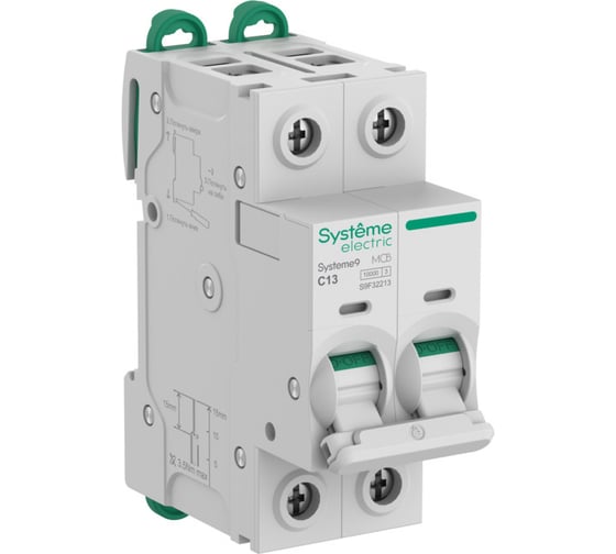 Изображение товара Автоматический выключатель (АВ) Systeme Electric Systeme9 хар-ка C, 13 A, 2 P, 10 kA, 400 В S9F32213