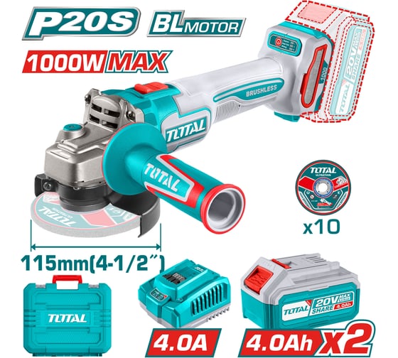 Изображение товара Угловая шлифовальная машина аккумуляторная (2 акк., 1 зу, 10 дисков) TOTAL TAGLI271532