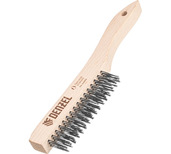 Изображение товара Щетка зачистная 3-х рядная Denzel прямая проволока из нержавеющей стали с дер. ручкой, EFP 74843